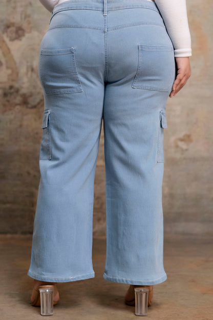 Plus size buttoned light blue denim pants back view for fat women, wide leg big size clothing
