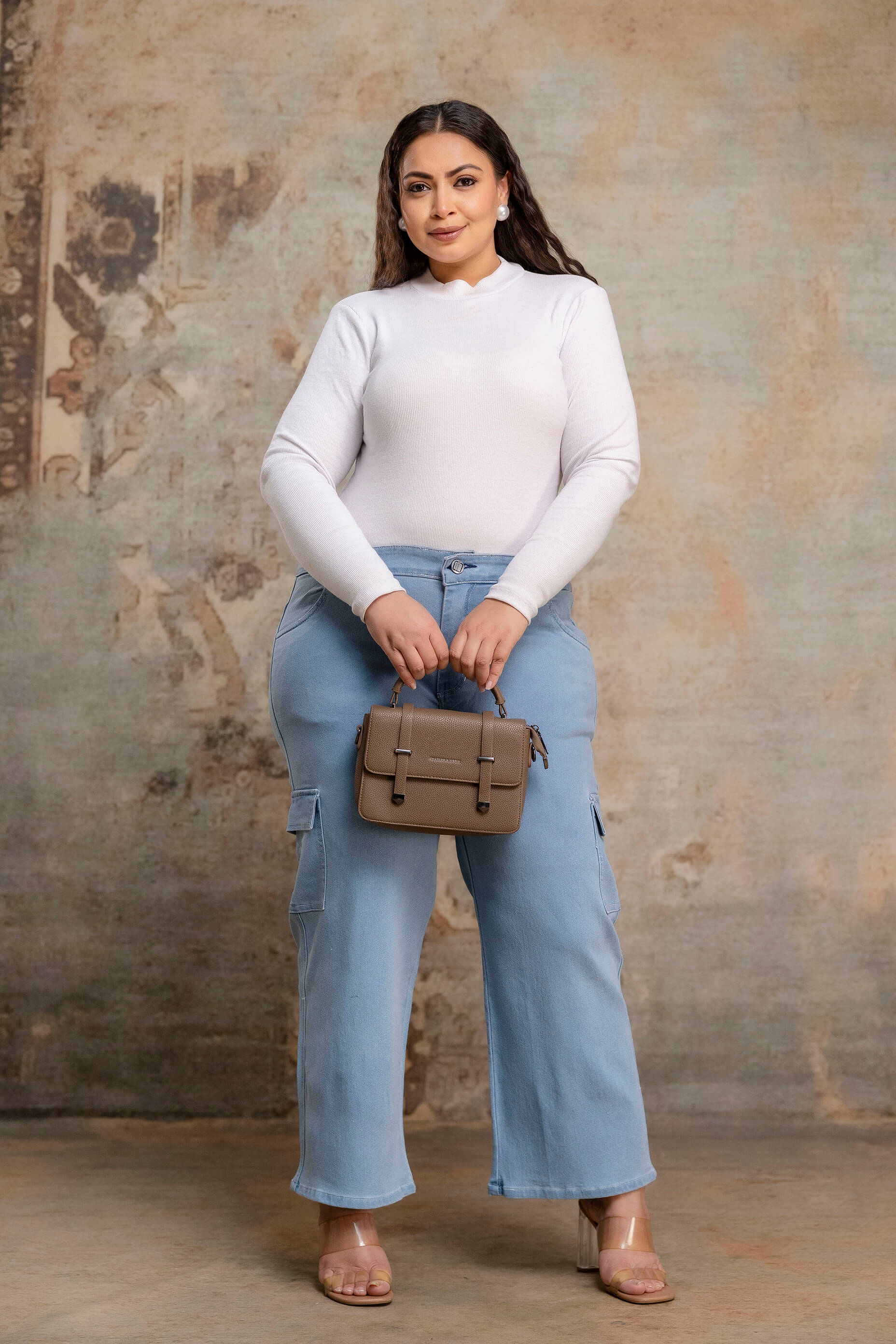 Plus size buttoned light blue denim pants styling look for fat women, big size clothing outfit