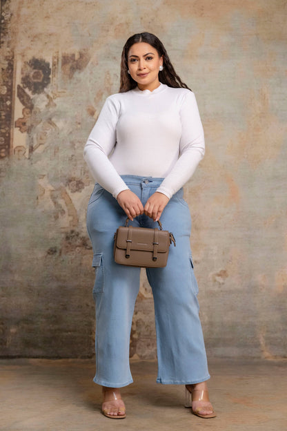 Plus size buttoned light blue denim pants styling look for fat women, big size clothing outfit
