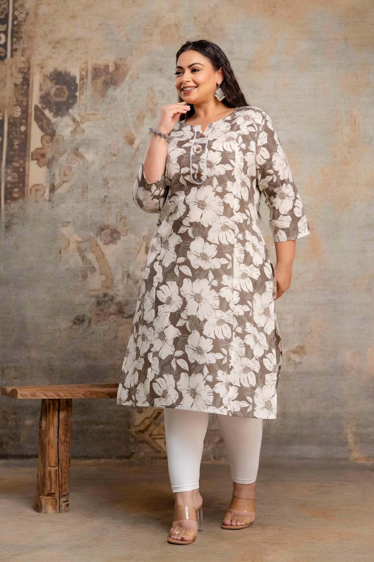 Plus size cotton kurti side view showing relaxed fit for full figure women