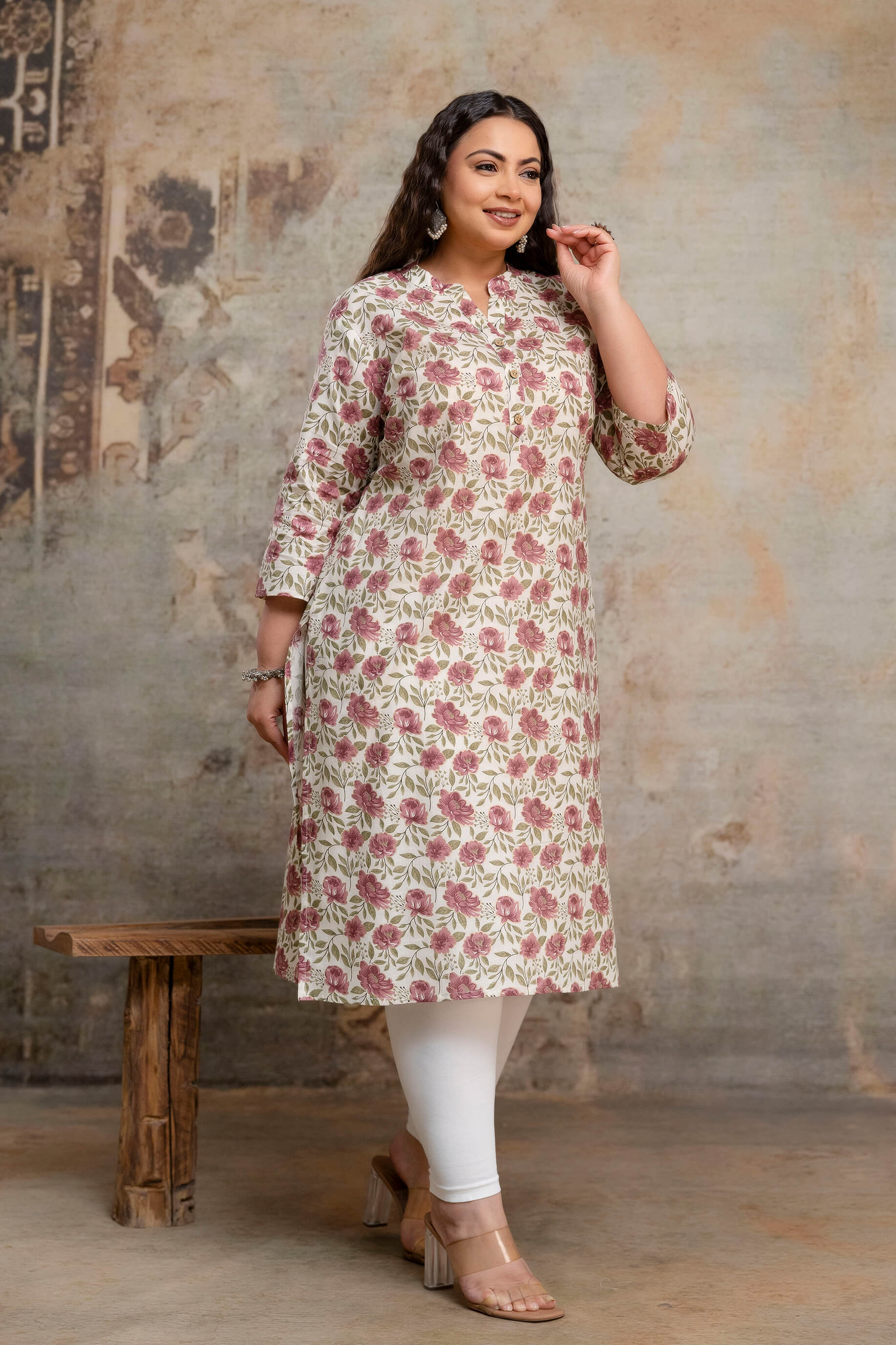 Plus size cotton kurti side view showing relaxed fit for full figure women