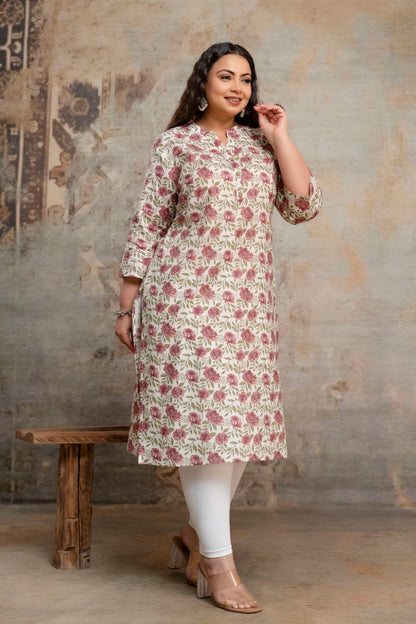 Plus size cotton kurti side view showing relaxed fit for full figure women