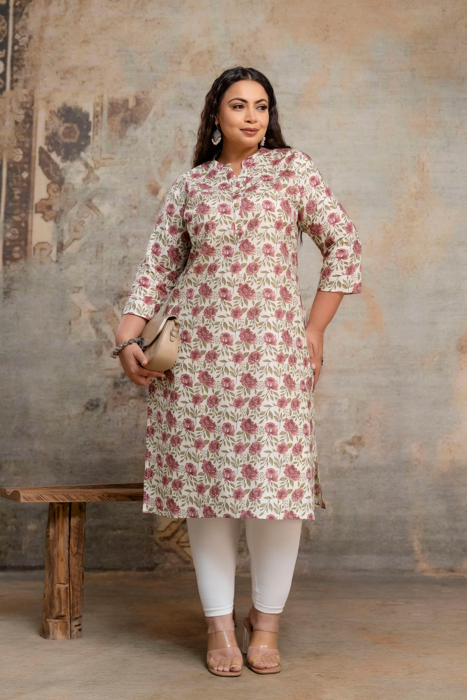 Plus size cream pink cotton kurti styled with leggings, fat size kurti daily wear
