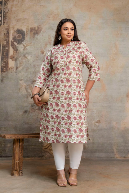 Plus size cream pink cotton kurti styled with leggings, fat size kurti daily wear