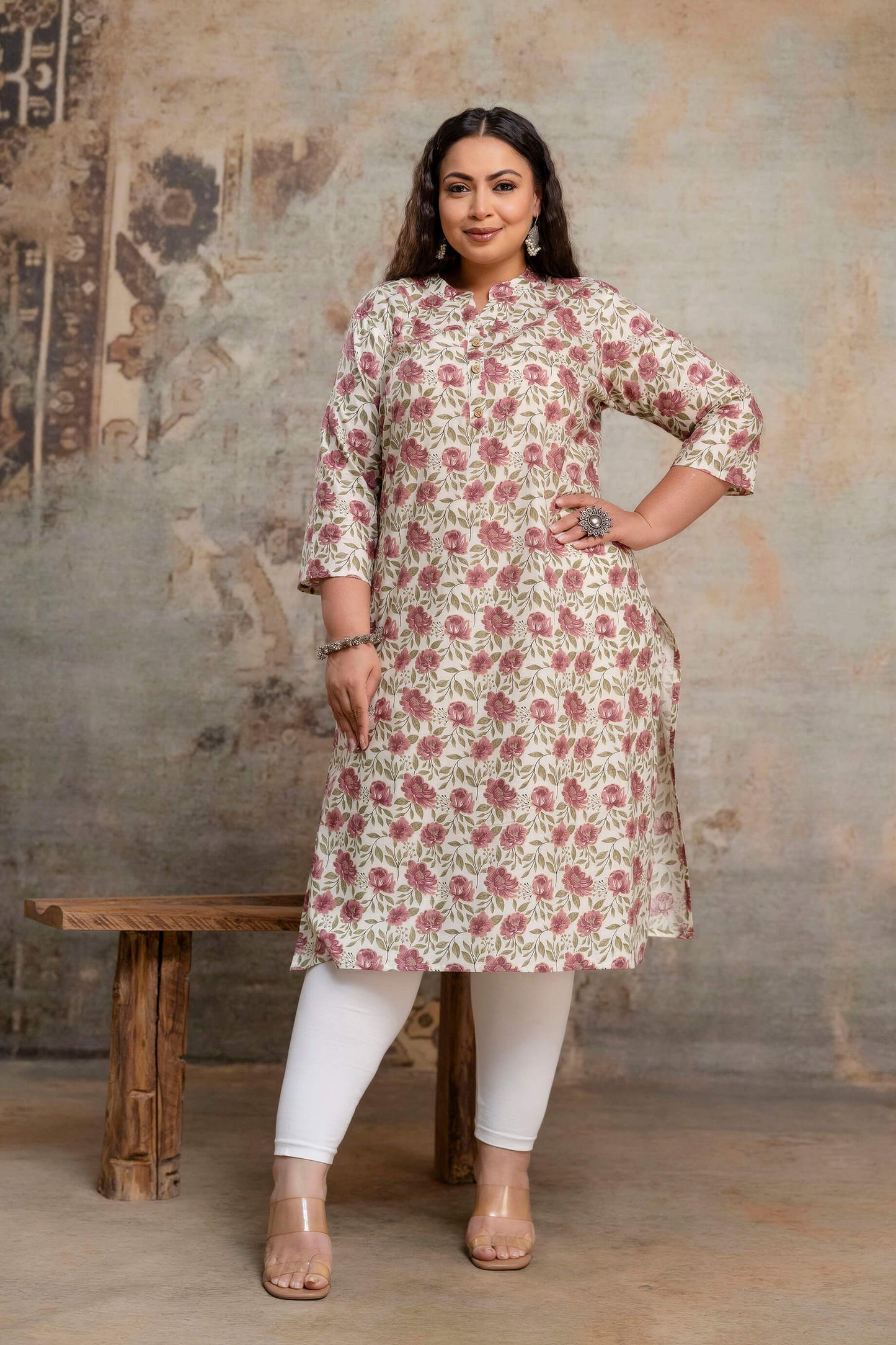 Plus size floral printed cotton kurti full length view for fat women clothing