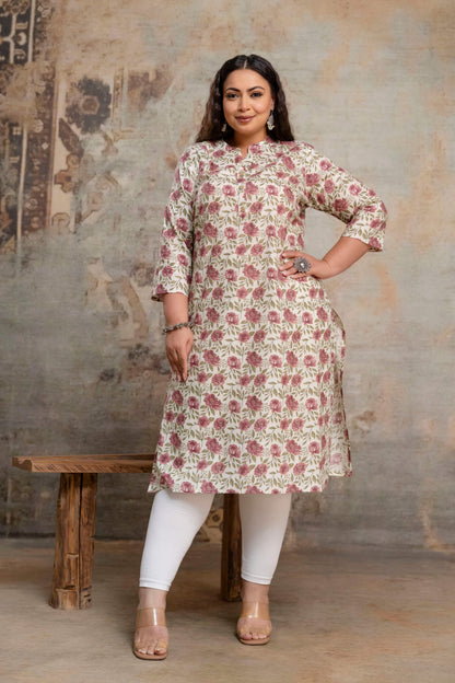 Plus size floral printed cotton kurti full length view for fat women clothing
