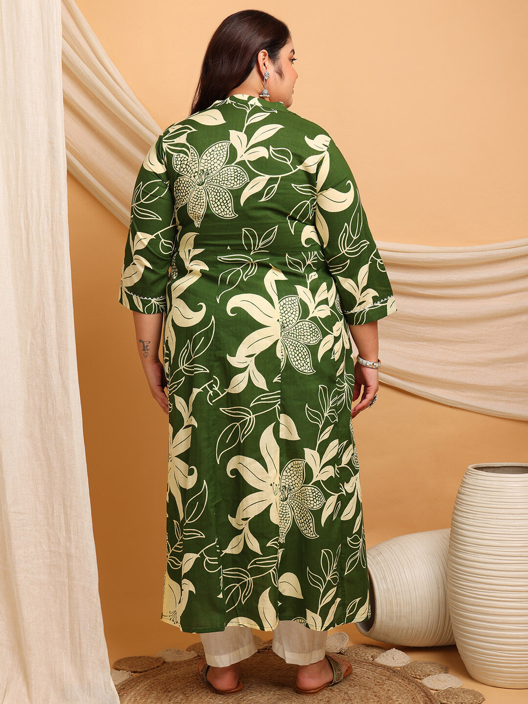 Plus size green floral rayon gown back view for fat women clothing, big size gathered dress for curvy women