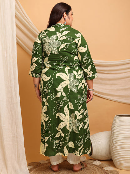 Plus size green floral rayon gown back view for fat women clothing, big size gathered dress for curvy women