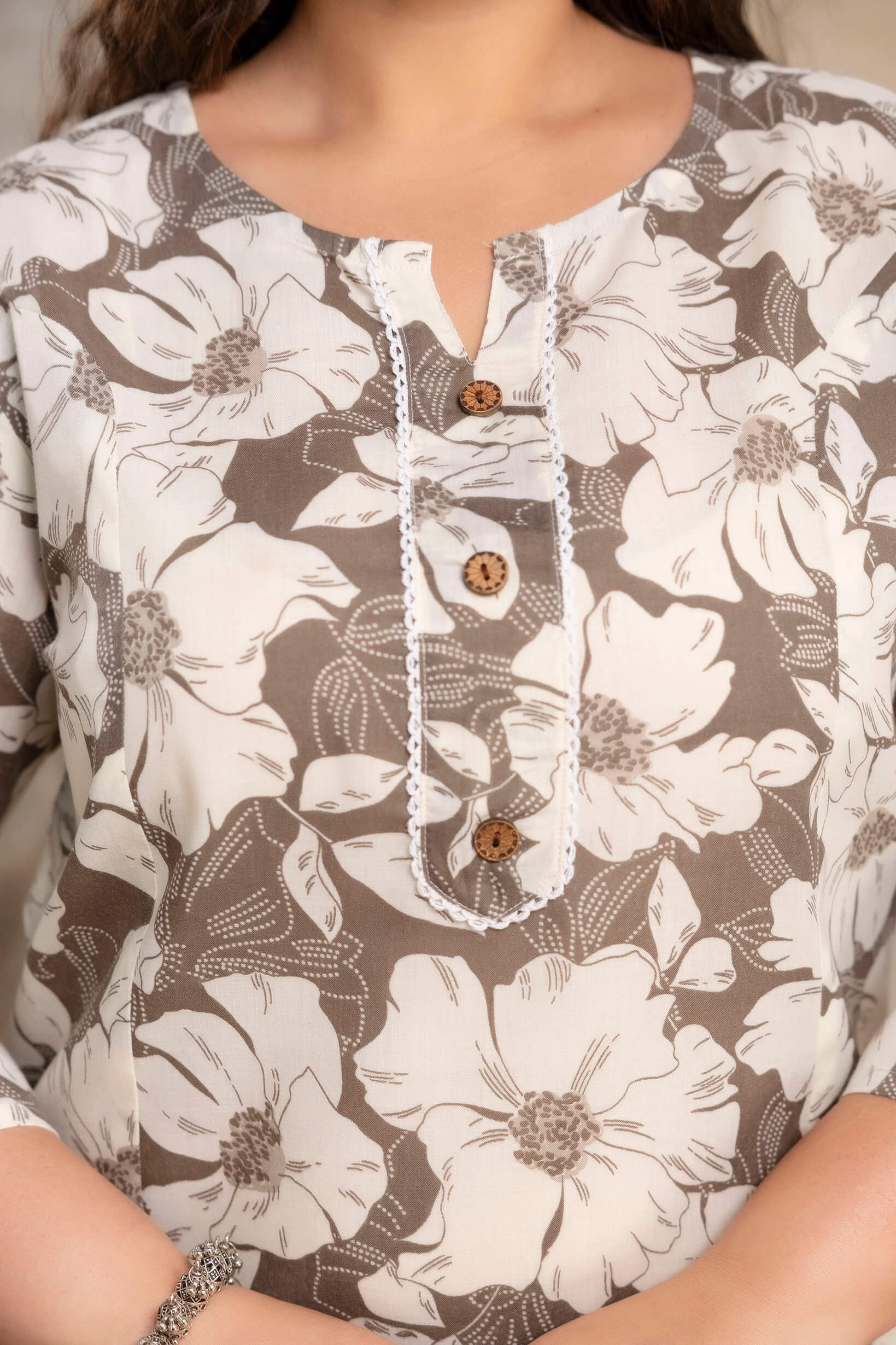 Plus size cotton kurti neckline detail, floral print big size kurti