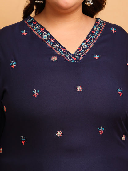 Close up of V neck embroidery on plus size navy rayon kurti detailed thread work kurti for women