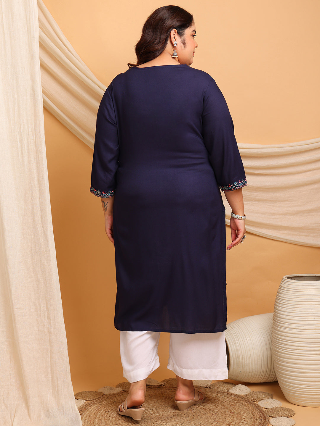 Back view of plus size navy blue rayon kurti for fat women clothing with relaxed fit, big size kurti for fat women