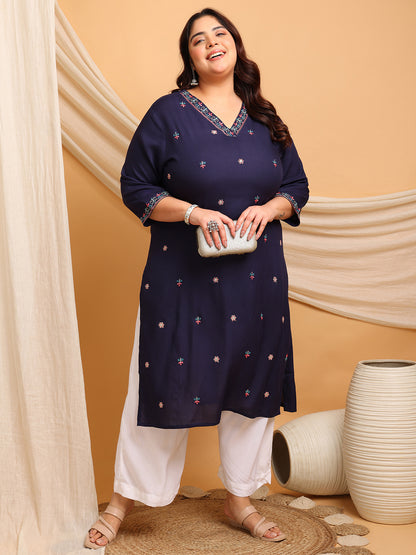 Plus size navy blue rayon kurti for fat women clothing with embroidered buti design, big size kurti for curvy fat women