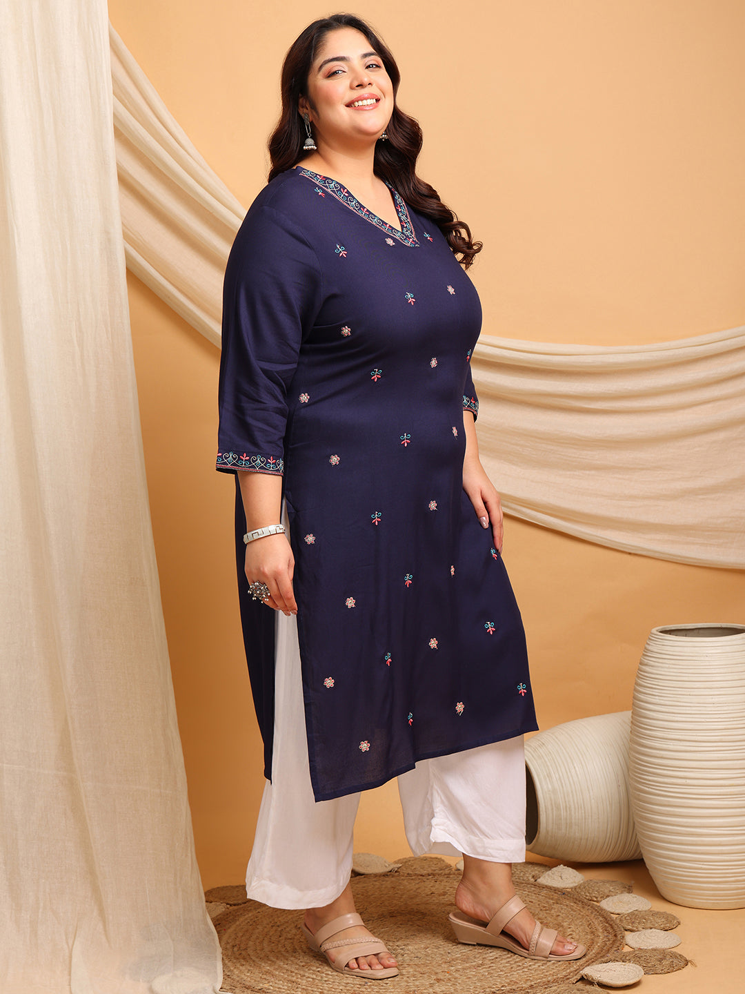 Full length plus size navy rayon kurti outfit for fat women clothing paired with palazzo, big size fashion for fat women