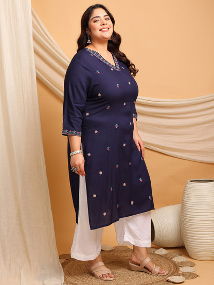 Full length plus size navy rayon kurti outfit for fat women clothing paired with palazzo, big size fashion for fat women