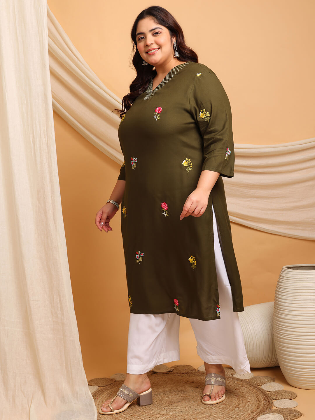 Plus size olive embroidered kurti festive styling for big women clothing, elegant big size kurti