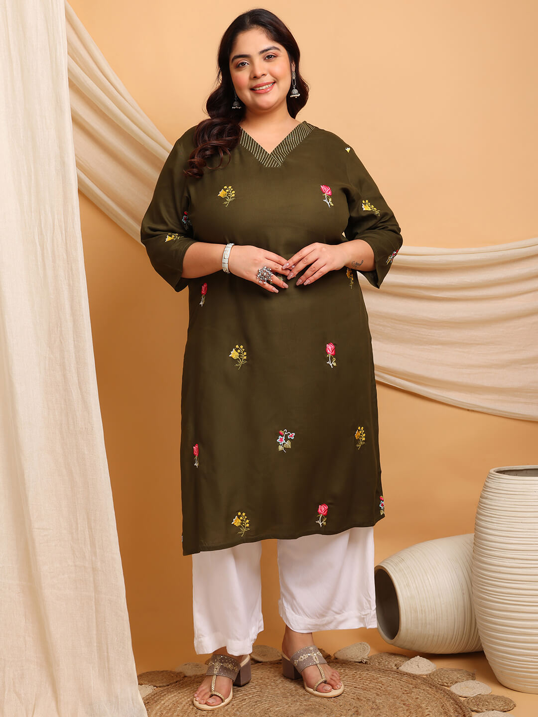 Full length plus size olive rayon kurti outfit for fat women clothing paired with palazzo, big size fashion