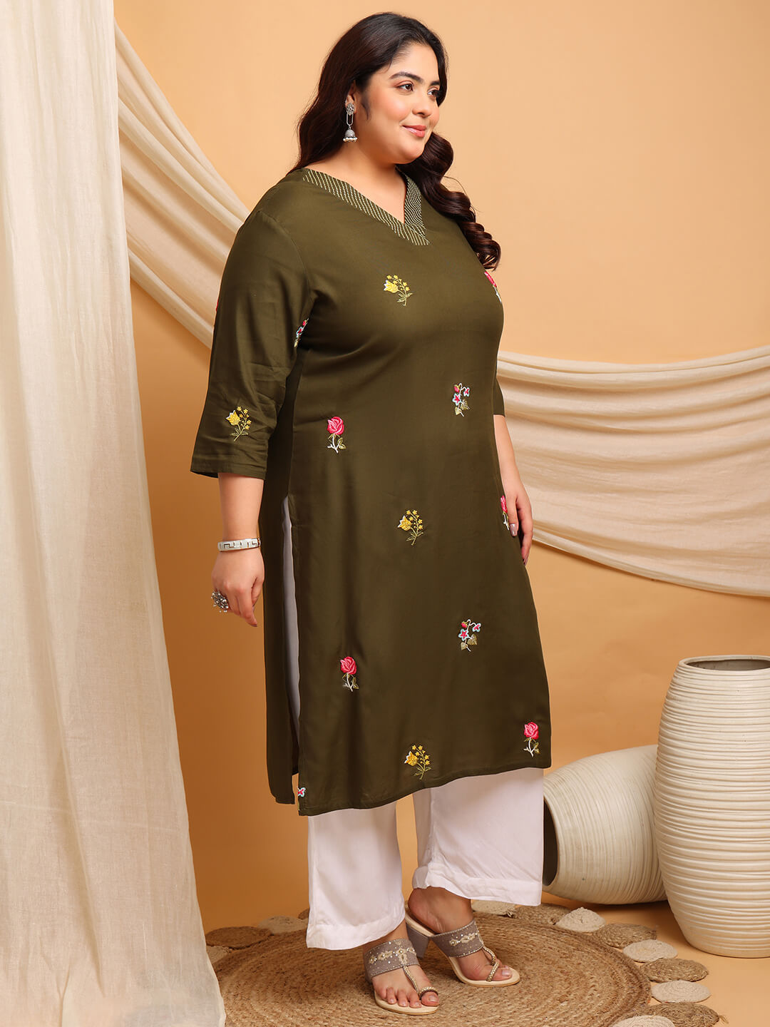 Side view of plus size olive kurti for fat women clothing showing comfortable fit, big size kurti for fat women