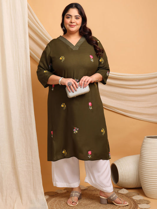 Plus size olive green rayon kurti for fat women clothing with floral embroidery, big size kurti for curvy fat women