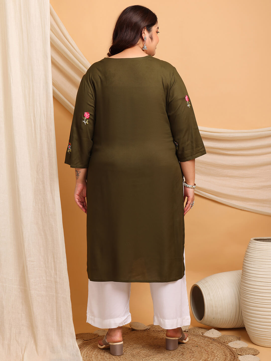Back view of plus size olive green rayon kurti for fat women clothing with relaxed fit, big size kurti for fat women