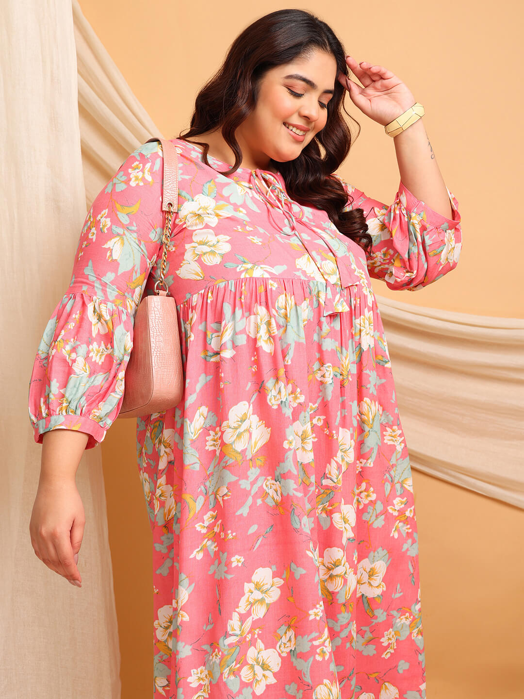 Fabric close up plus size pink floral rayon gathered gown, soft breathable rayon for big size women