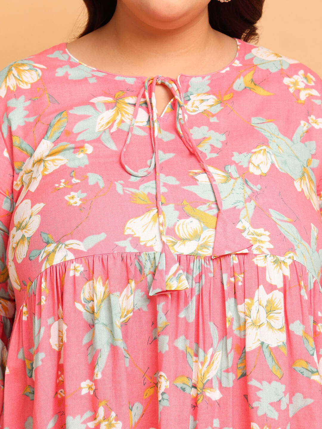 Close up neckline plus size pink floral rayon gathered gown, premium fabric with tie-up detail