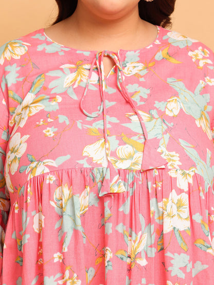 Close up neckline plus size pink floral rayon gathered gown, premium fabric with tie-up detail