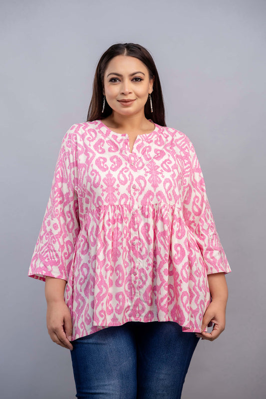 Plus Size Pink Ikat Rayon Short Kurti Tunic for Women – Front View-Curvisha Big Size Clothing
