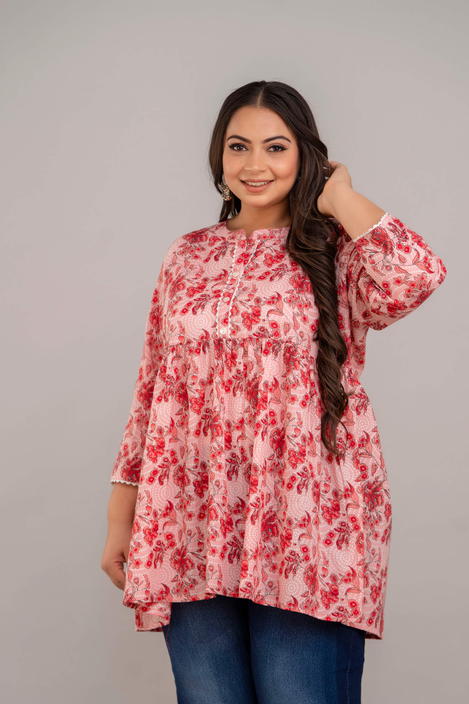 Plus Size Pink and Red Floral Rayon Short Kurti Tunic for Curvy and Fat Women – Front View