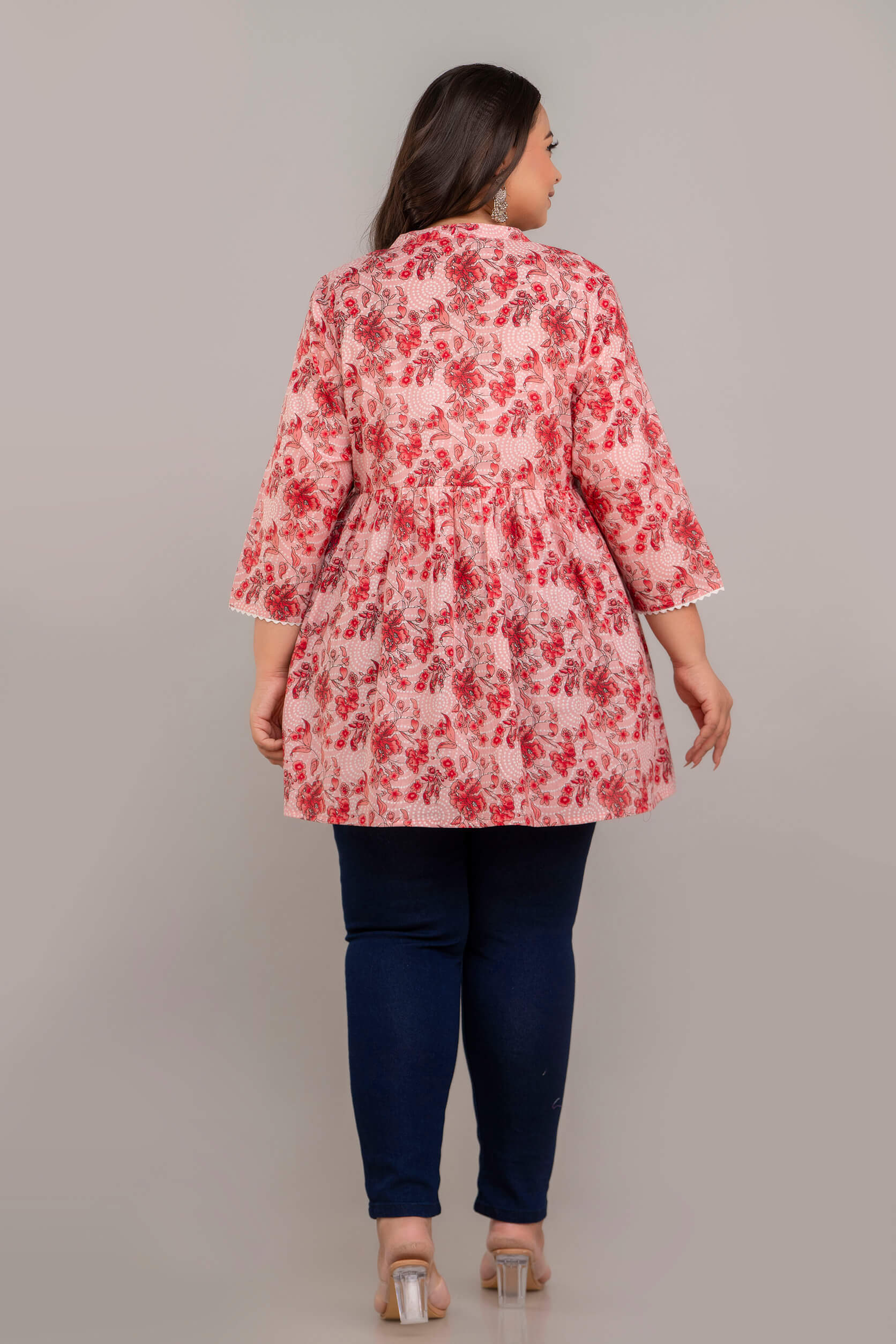 Back View of Pink and Red Rayon Floral Short Kurti Tunic for Plus Size Curvy and Fat Women – Rear Detailing