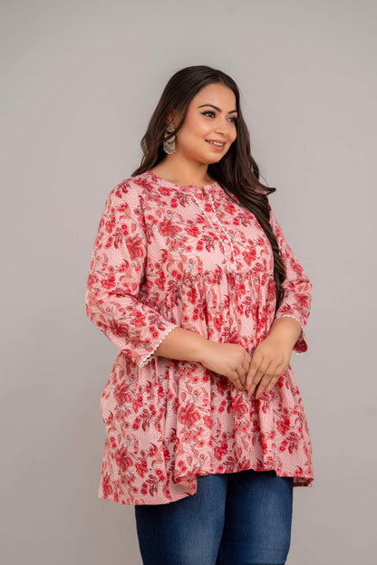 Side View of Pink and Red Floral Rayon Short Kurti Tunic – Plus Size Fashion