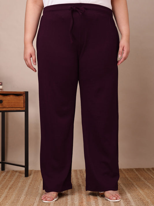 Plus size plum ribbed wide-leg lounge pants for curvy women, soft stretch waist comfort – Curvisha 3XL–8XL