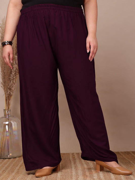 Plus size purple rayon palazzo pants for curvy women, flowy and comfortable wide-leg fit – Curvisha