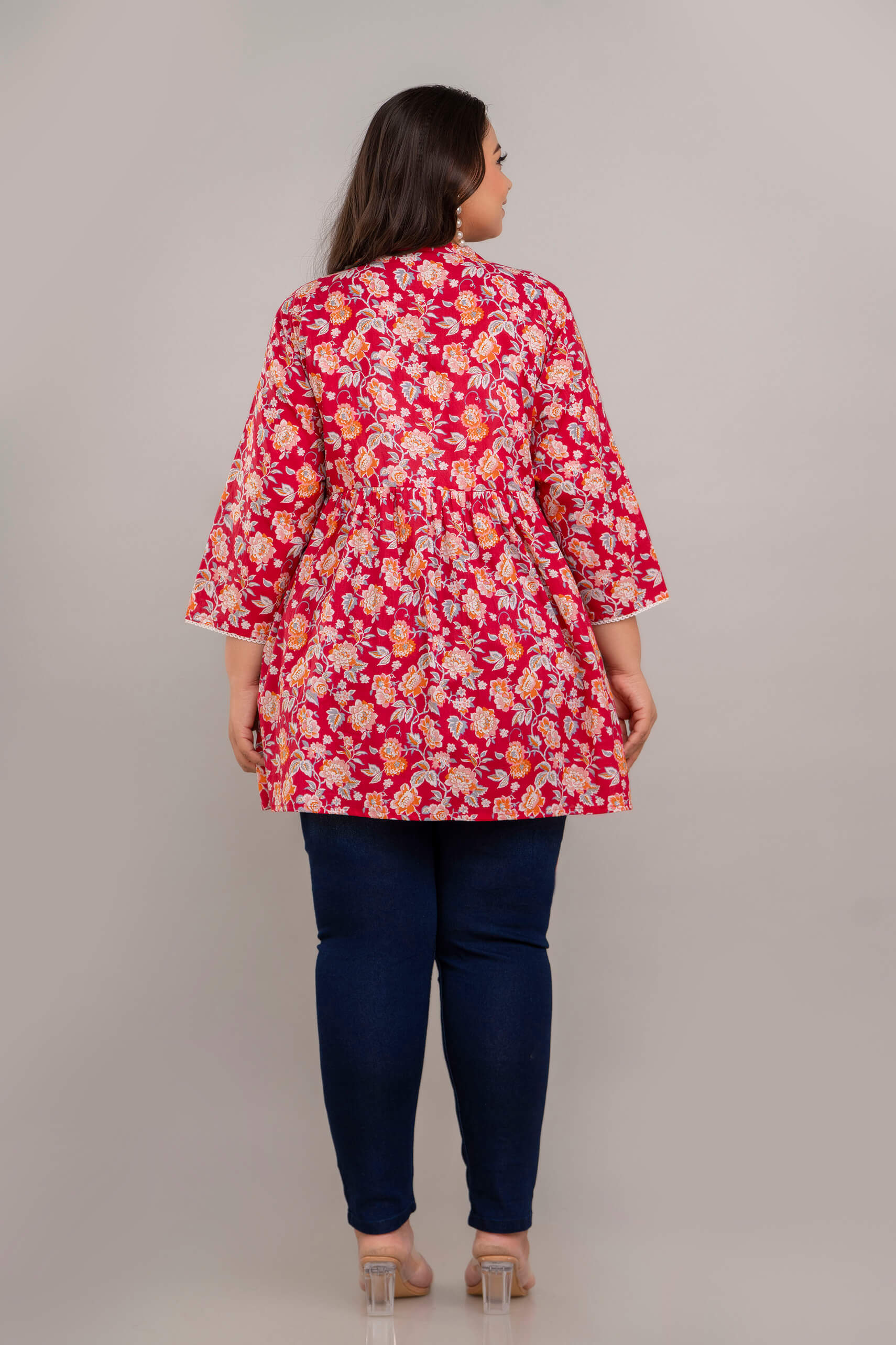 Back View of Plus Size Red Floral Rayon Tunic – Comfortable Big Size Kurti for Women