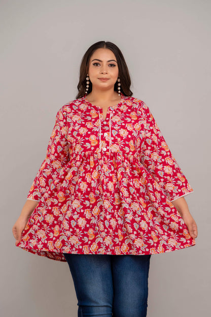 Plus Size Red Floral Rayon Short Kurti Tunic for Curvy Women – Big Size Clothing 3XL–8XL by Curvisha