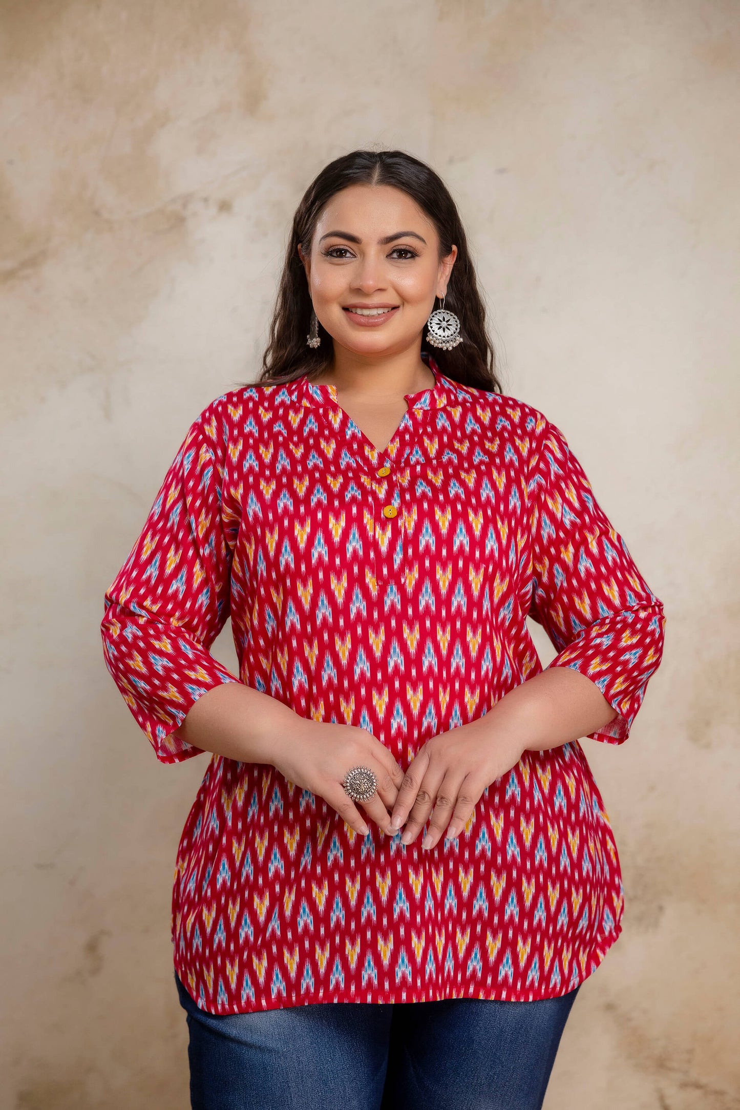 Plus size red ikat cotton short kurti tunic for curvy women