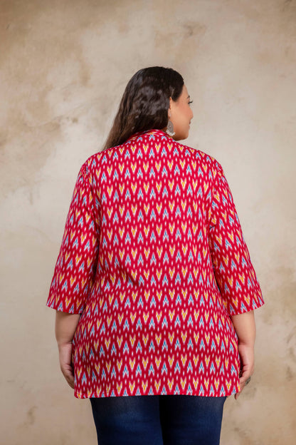 Back view of plus size red ikat cotton short kurti tunic