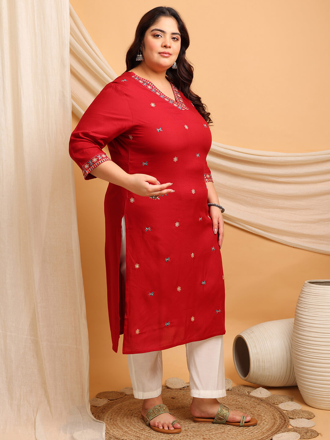 Side view of plus size red kurti for fat women clothing showing comfortable fit, big size kurti for women