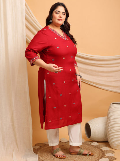 Side view of plus size red kurti for fat women clothing showing comfortable fit, big size kurti for women