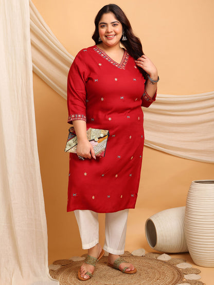 Styled festive look of plus size red rayon kurti for curvy women clothing, big size ethnic outfit for women