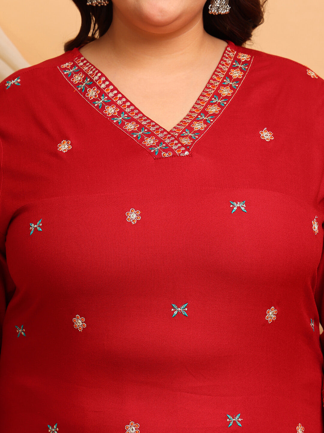 Close up V neck embroidery on plus size red rayon kurti for women clothing, detailed thread work kurti for curvy women
