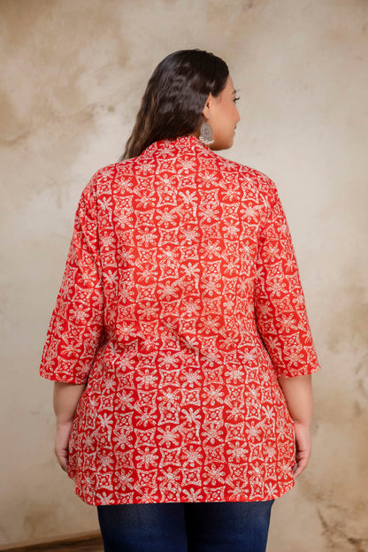 Back view of plus size red printed cotton short kurti tunic for curvy women