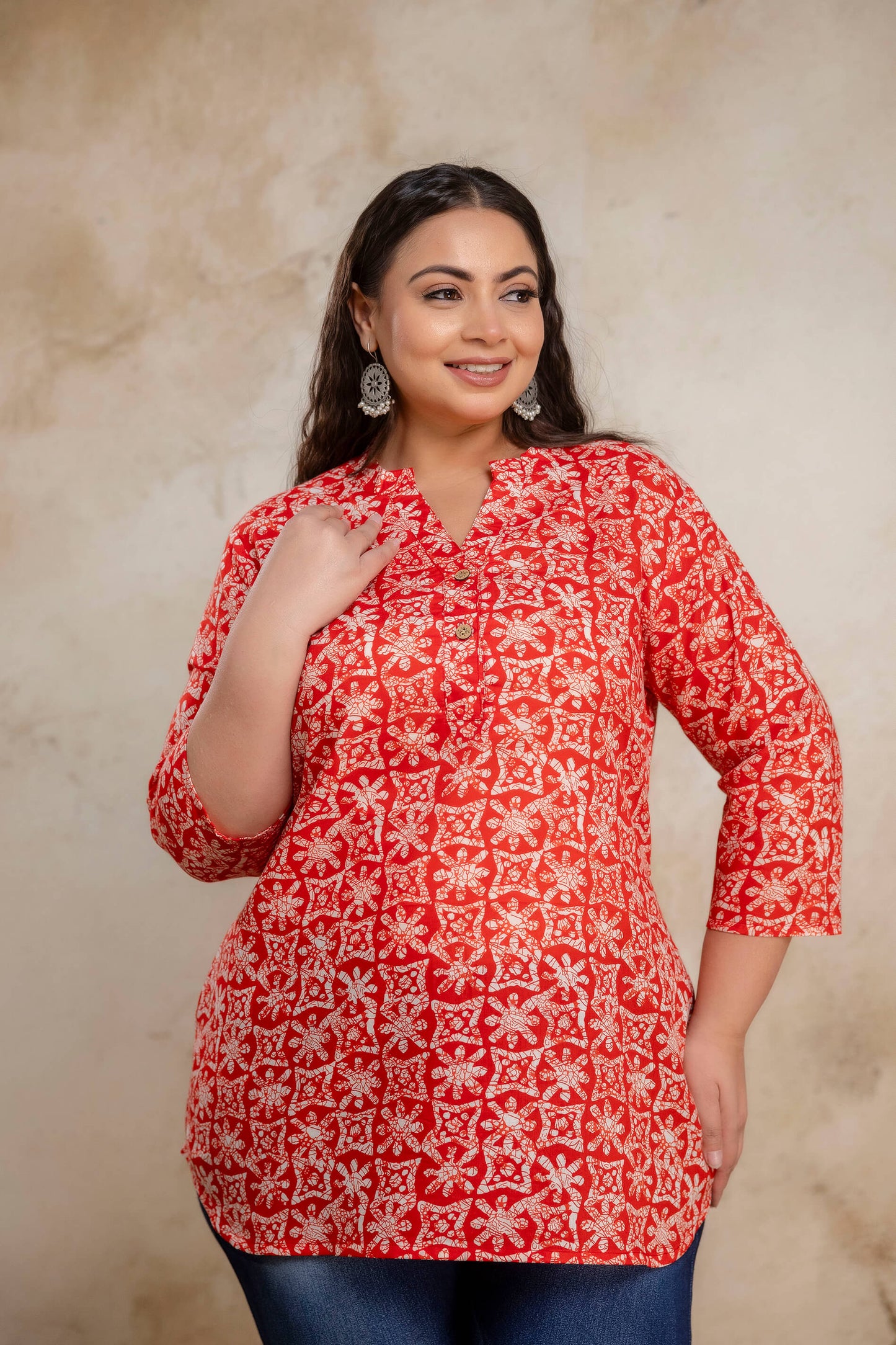 Plus size red printed cotton short kurti tunic for curvy women, breathable everyday ethnic wear