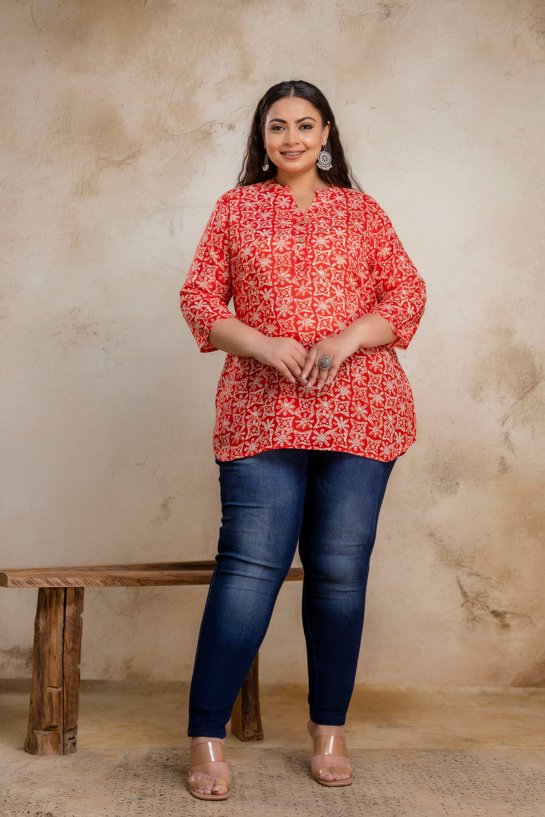 Full length plus size red printed cotton short kurti for fat women, comfortable big size clothing