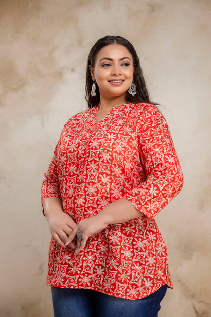 Side view of red printed cotton short kurti for fat women, relaxed fit big size kurti