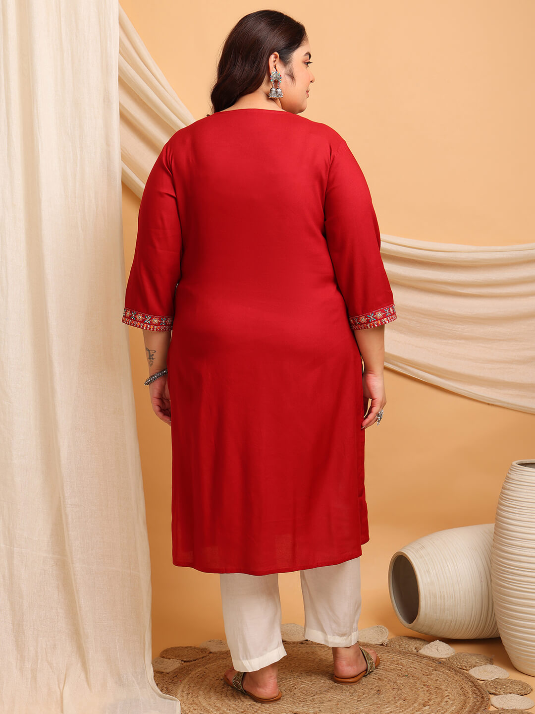 Back view of plus size red rayon kurti for fat women clothing with relaxed fit, big size kurti for women