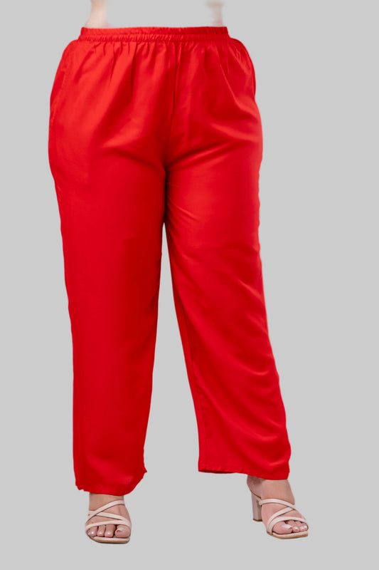Plus size red rayon palazzo pants for curvy women, wide-leg flowy comfort fit in breathable fabric – Curvisha