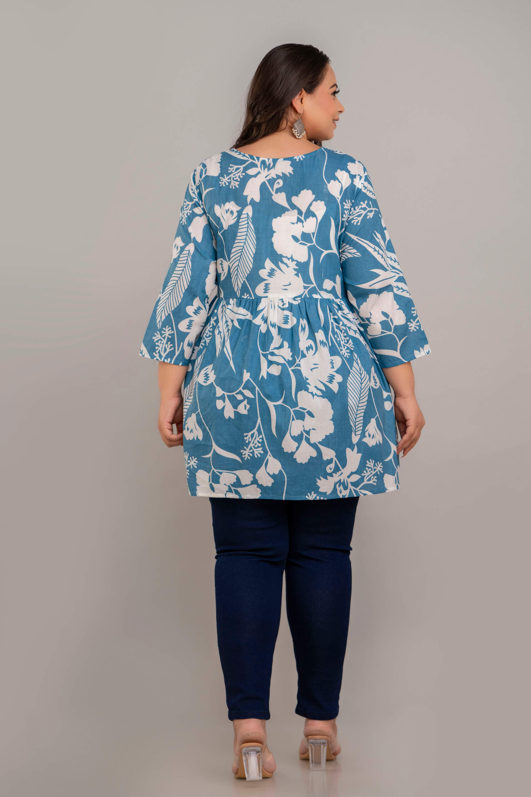 Back View of Teal White Floral Rayon Plus Size Kurti Tunic – Comfortable Big Size Clothing for Curvy Women