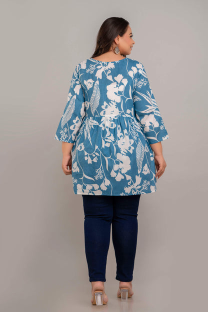 Back View of Teal White Floral Rayon Plus Size Kurti Tunic – Comfortable Big Size Clothing for Curvy Women