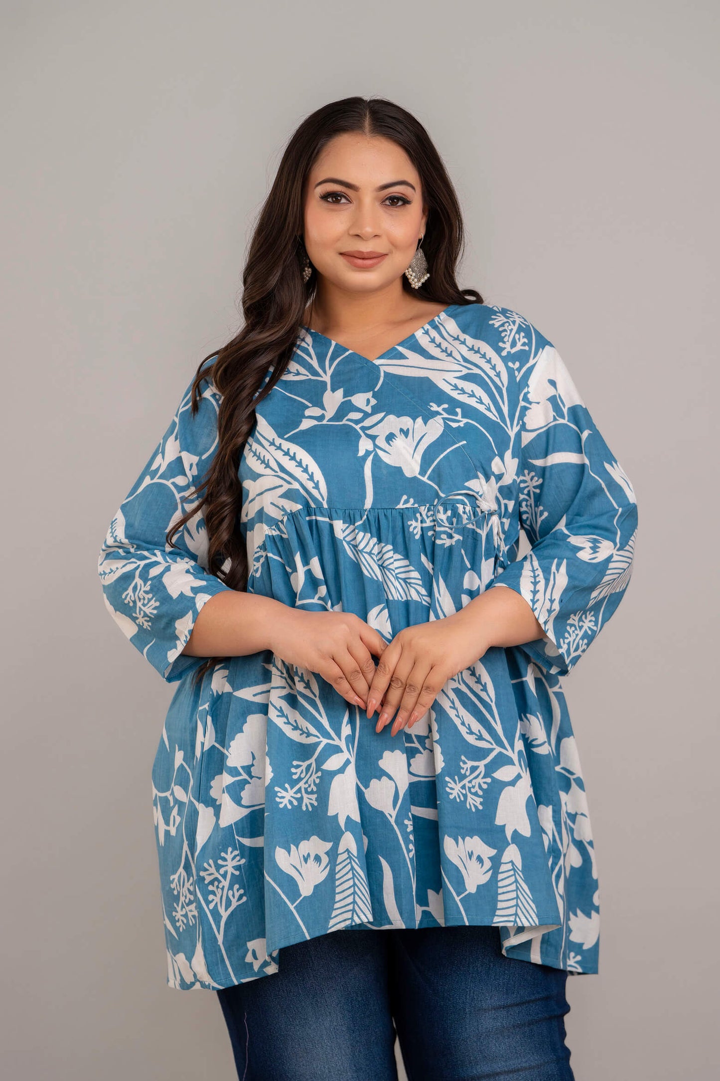 Plus Size Teal White Floral Rayon Short Kurti Tunic for Curvy Women – Big Size Clothing 3XL–8XL by Curvisha