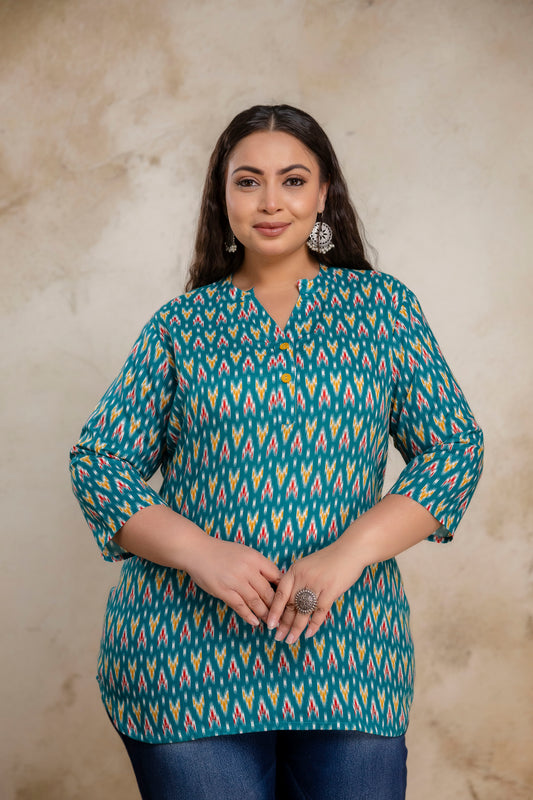 Plus size teal green ikat cotton short kurti tunic for curvy women